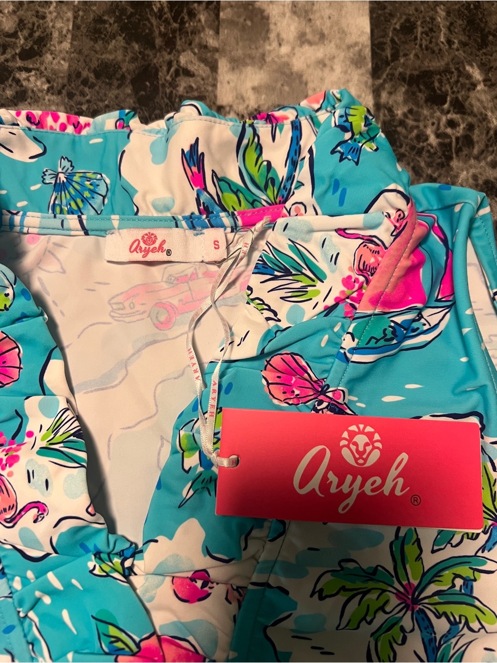 Aryeh Turquoise & Pink Tropical Print Ruffled Sleeveless Top UPF50+ Size S - Picture 9 of 13